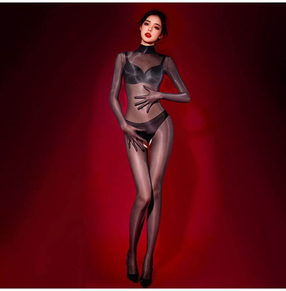 FEE ET MOI - Glossy Open-Crotch Gloves Bodystocking (Black)